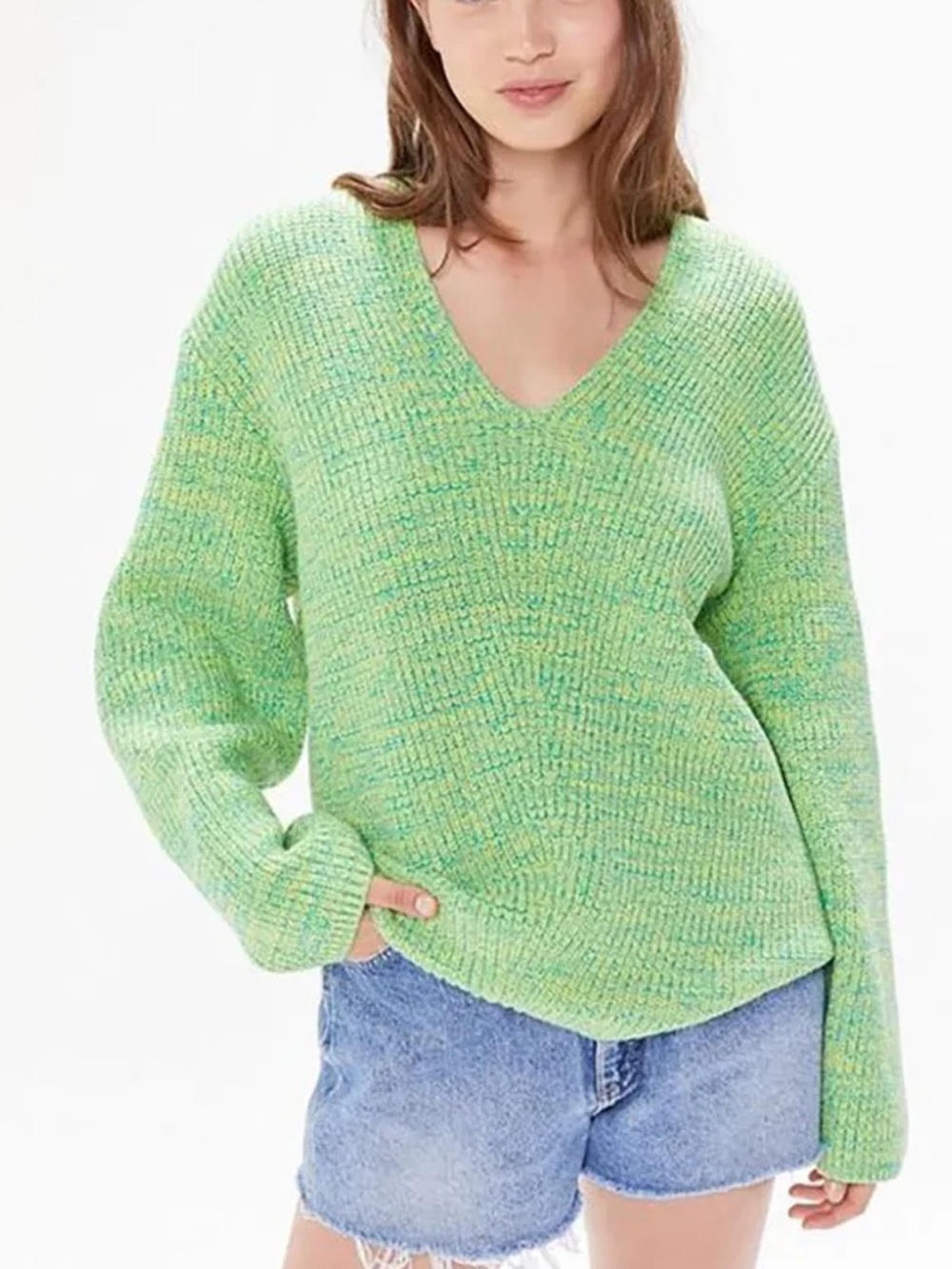 Urban Outfitters V Neck Speckled Slouchy Knit Sweater Green Yellow